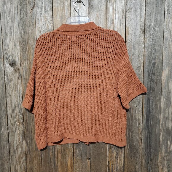 DR2 Women's M Crop Sweater Orange Crochet Button Front Short Sleeve Cotton - Picture 3 of 5